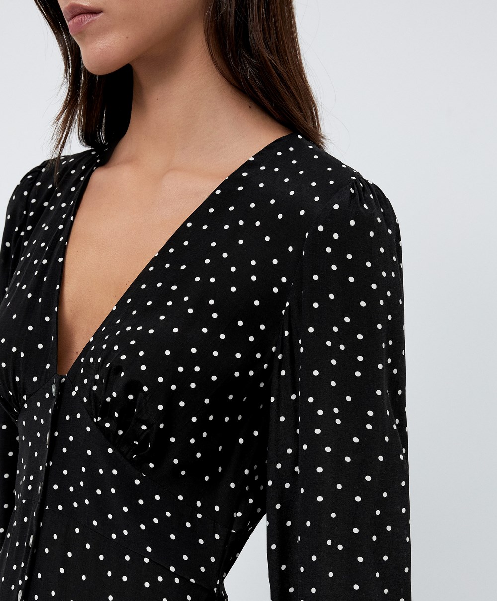 Black Oysho Dotted Long-sleeved Long Dress | OPMN62807