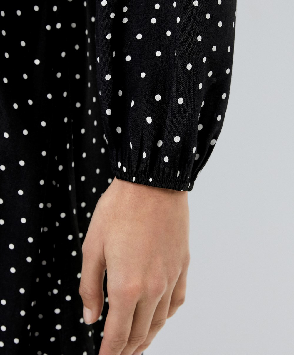 Black Oysho Dotted Long-sleeved Long Dress | OPMN62807