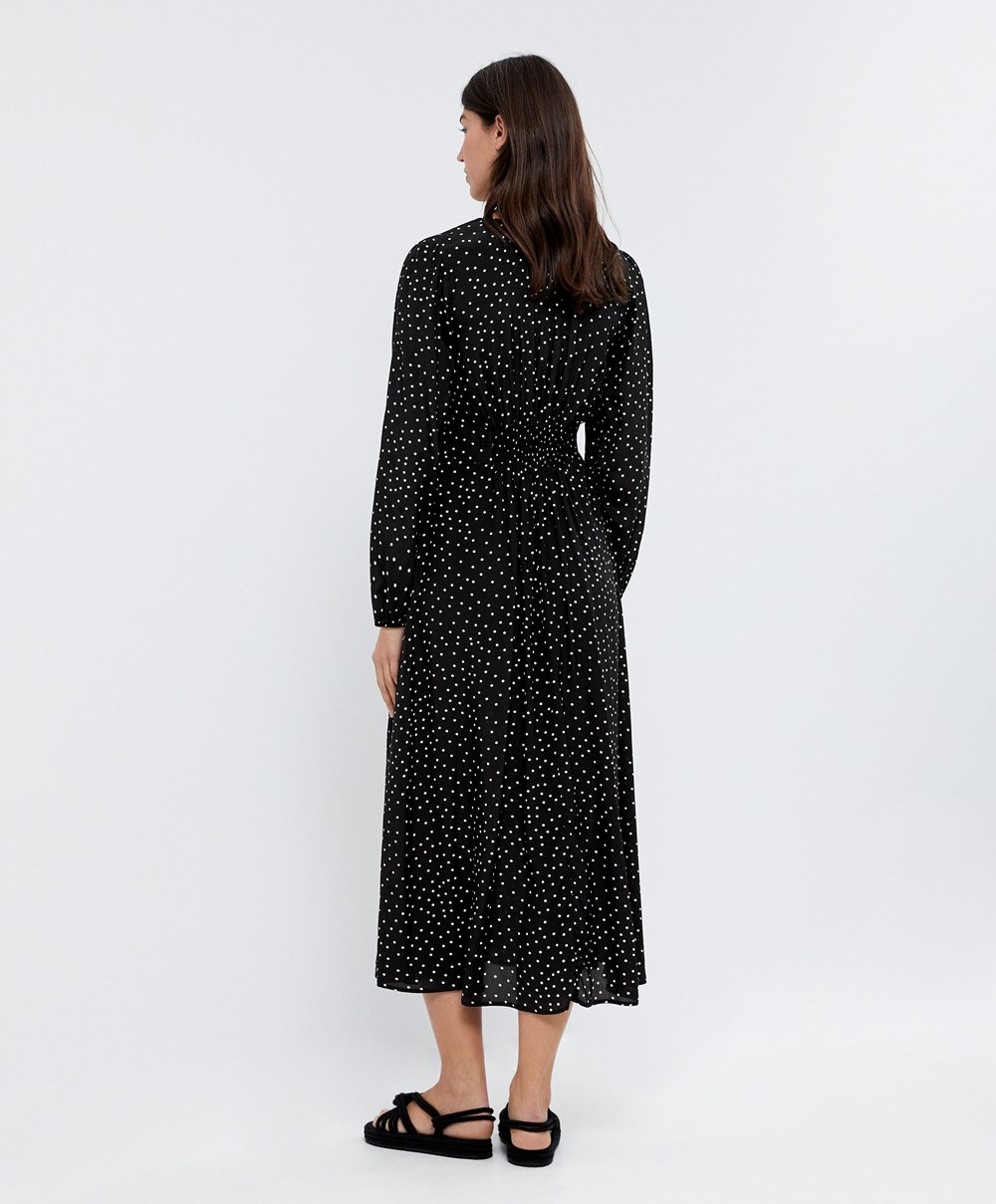 Black Oysho Dotted Long-sleeved Long Dress | OPMN62807