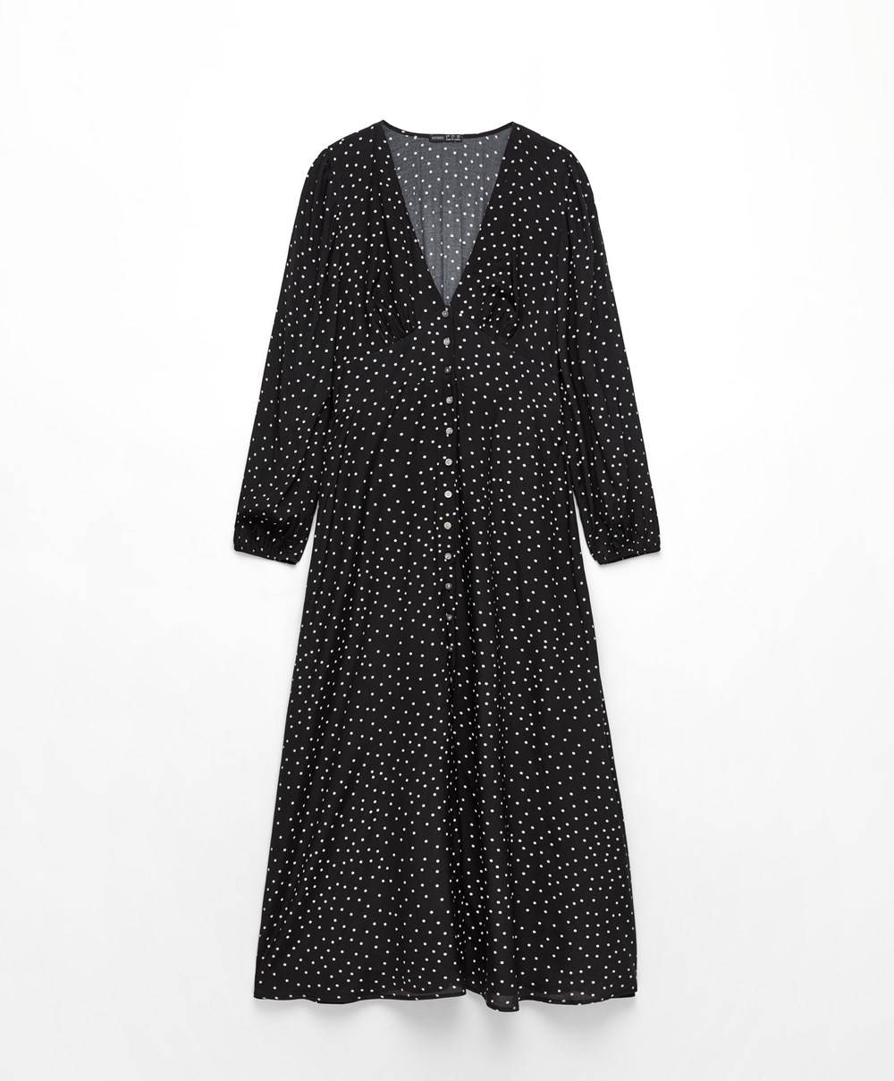 Black Oysho Dotted Long-sleeved Long Dress | OPMN62807