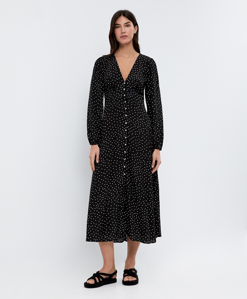 Black Oysho Dotted Long-sleeved Long Dress | OPMN62807