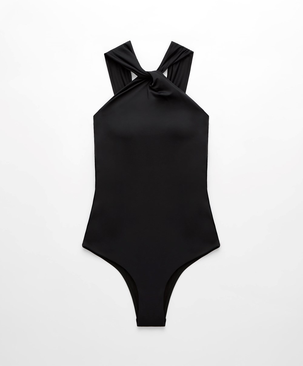 Black Oysho Draped Halter Swimsuit | OMRC62479