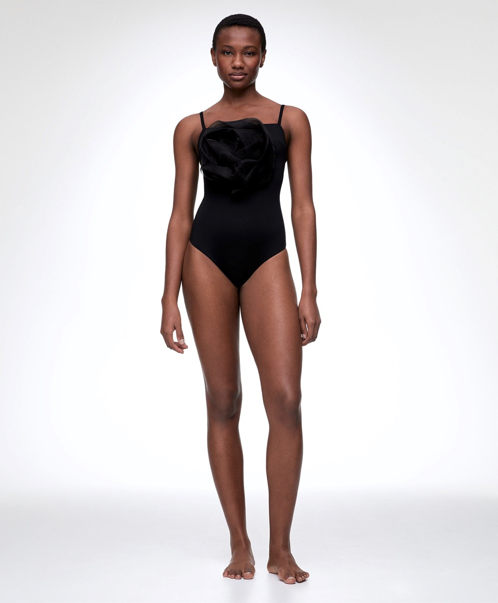 Black Oysho Floral Organza Swimsuit | XIDH06139