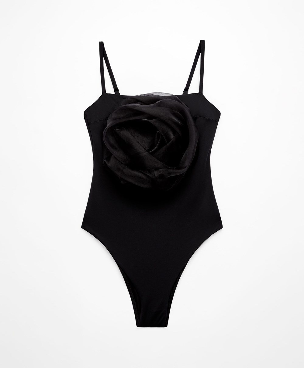 Black Oysho Floral Organza Swimsuit | XIDH06139