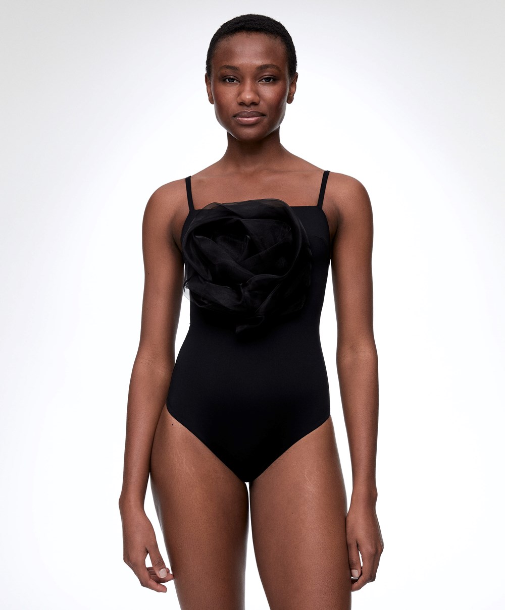 Black Oysho Floral Organza Swimsuit | XIDH06139