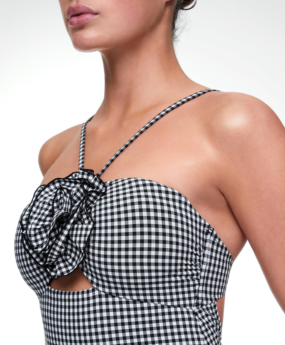 Black Oysho Gingham Cut-out Swimsuit | LGNT12653