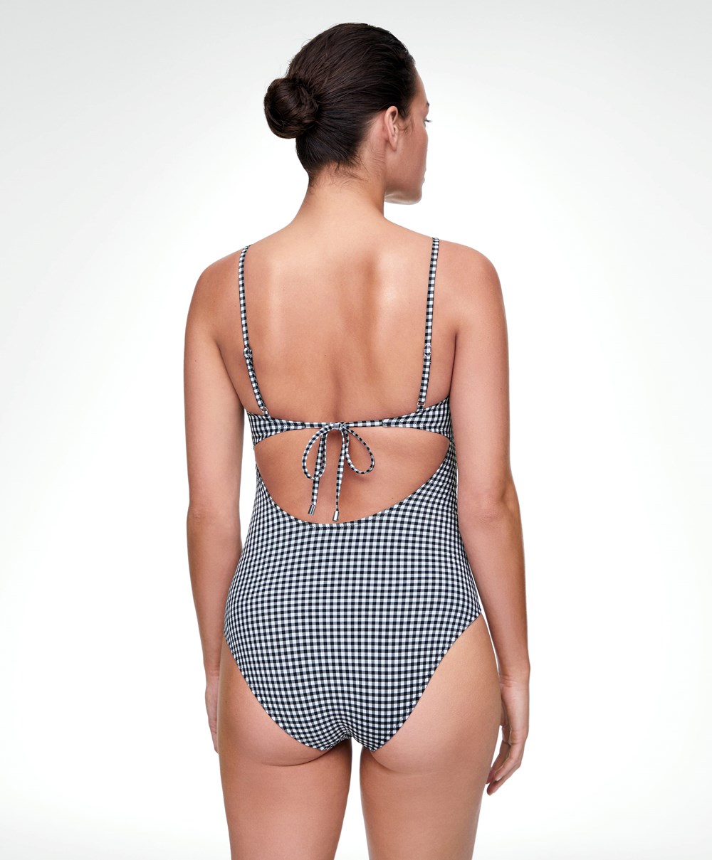 Black Oysho Gingham Cut-out Swimsuit | LGNT12653