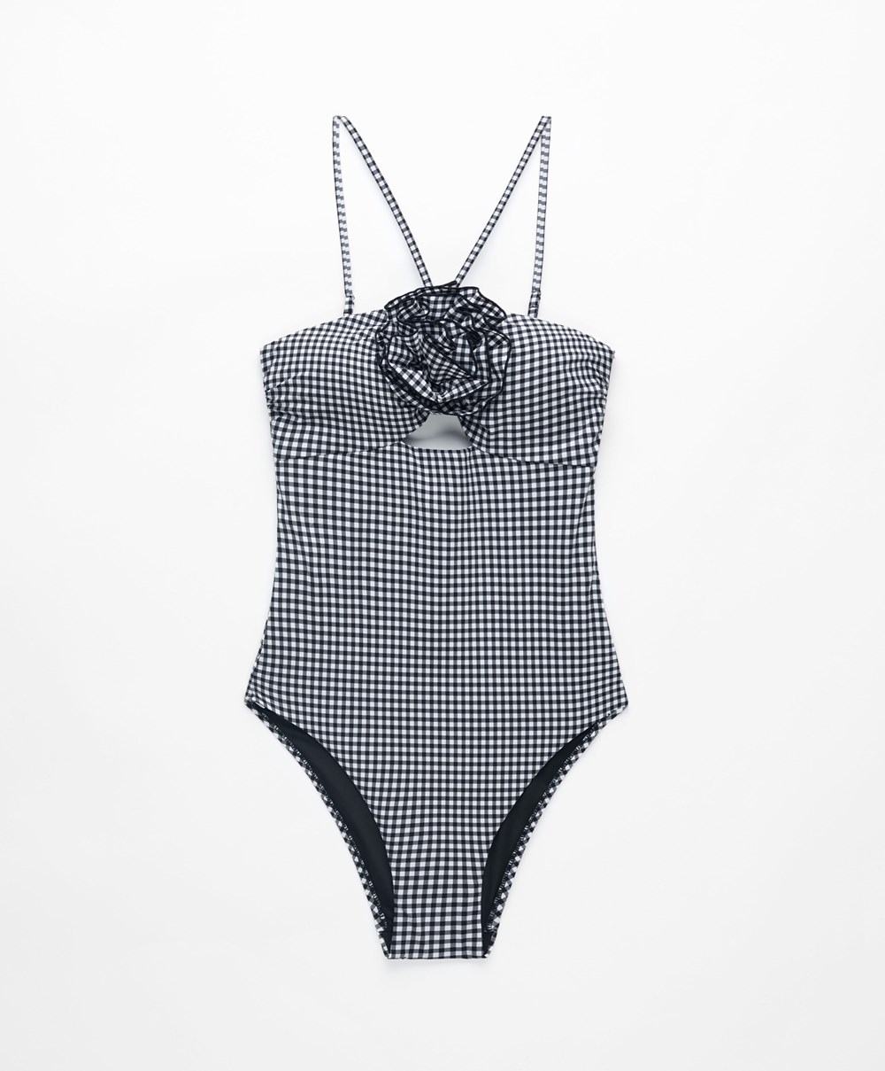 Black Oysho Gingham Cut-out Swimsuit | LGNT12653