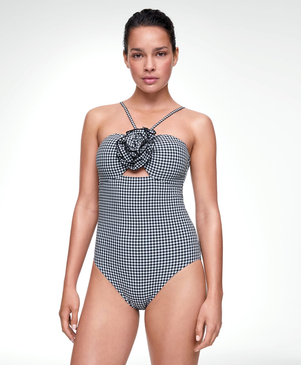 Black Oysho Gingham Cut-out Swimsuit | LGNT12653