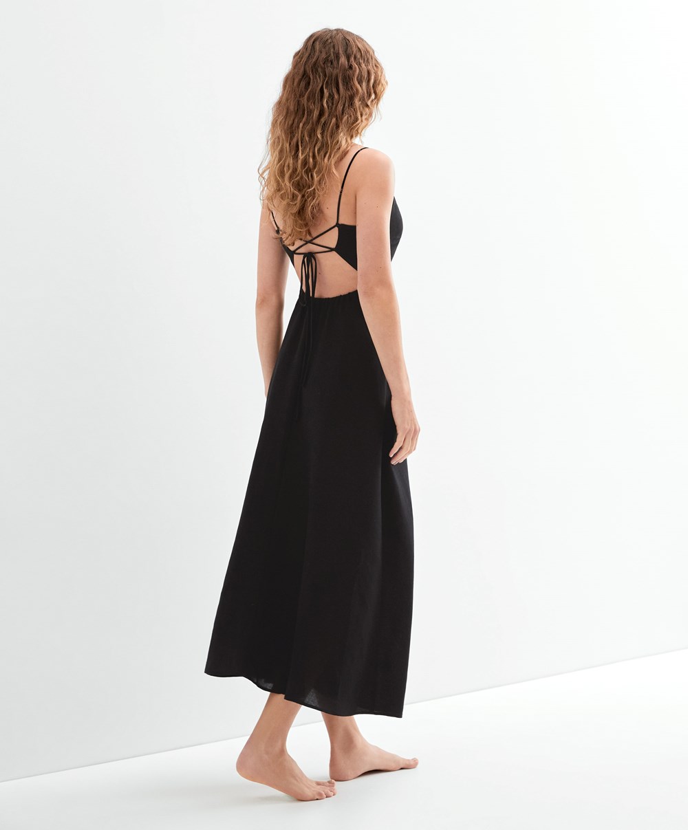 Black Oysho Linen Long Strappy Dress With Wave Detail | GXJQ38625