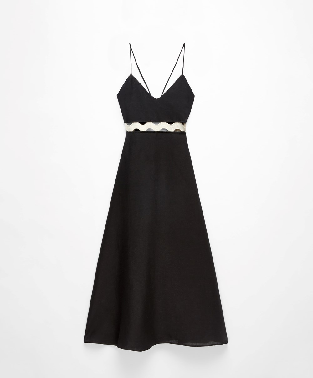 Black Oysho Linen Long Strappy Dress With Wave Detail | GXJQ38625