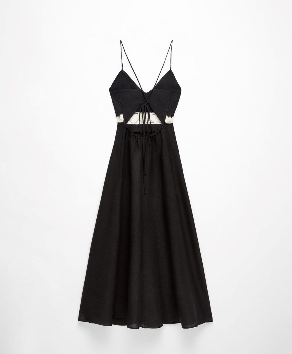 Black Oysho Linen Long Strappy Dress With Wave Detail | GXJQ38625