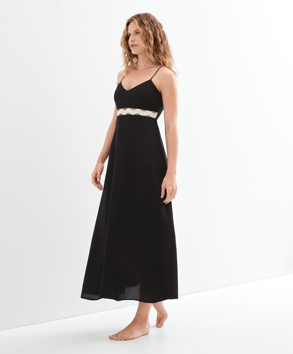 Black Oysho Linen Long Strappy Dress With Wave Detail | GXJQ38625