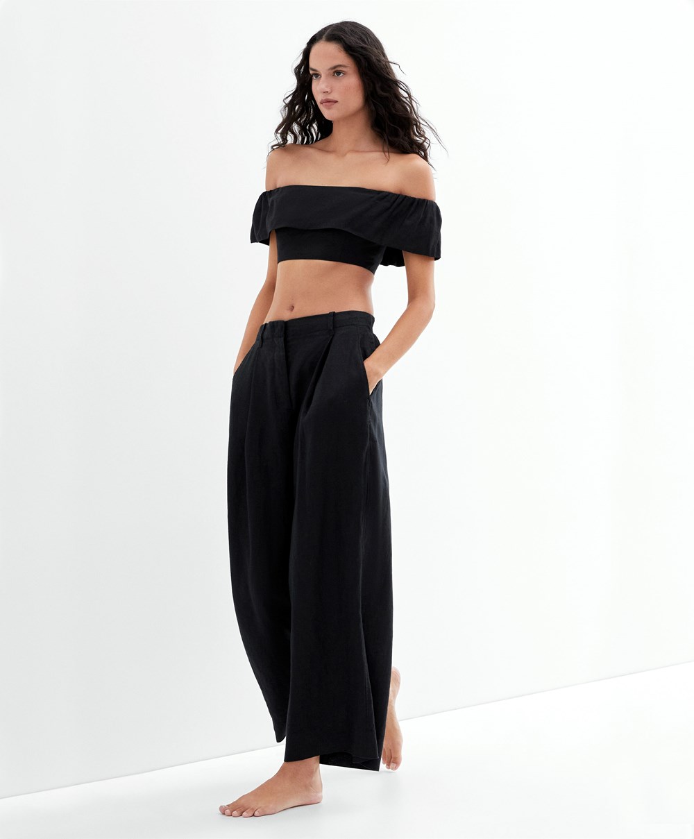 Black Oysho Linen Off-shoulder Top | CWEI91283