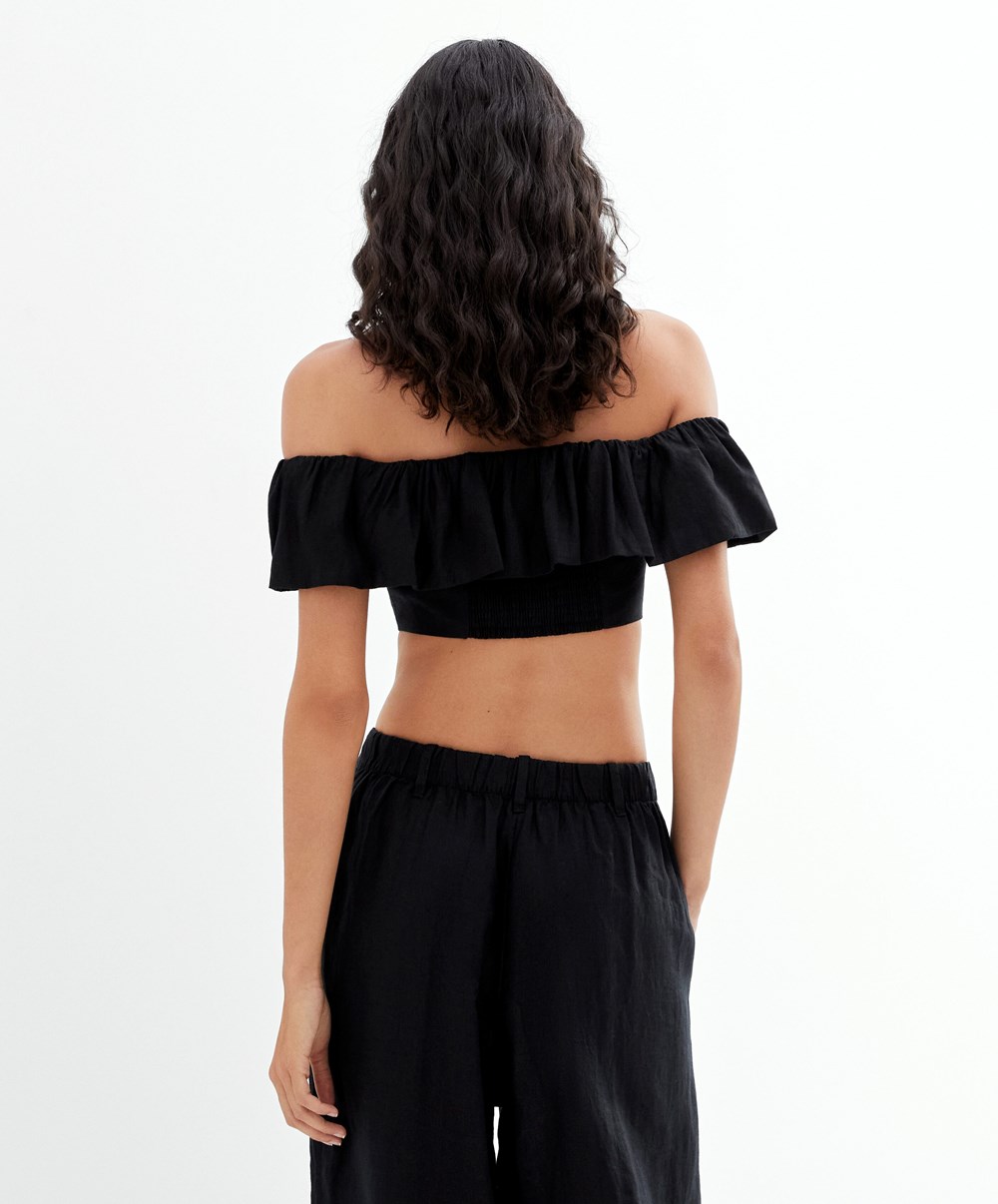 Black Oysho Linen Off-shoulder Top | CWEI91283