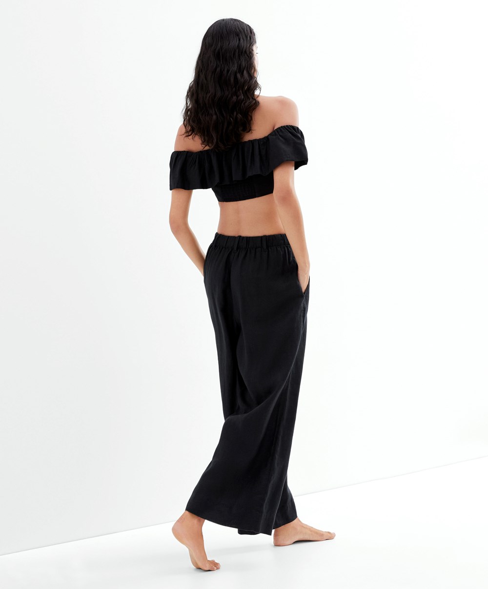 Black Oysho Linen Off-shoulder Top | CWEI91283