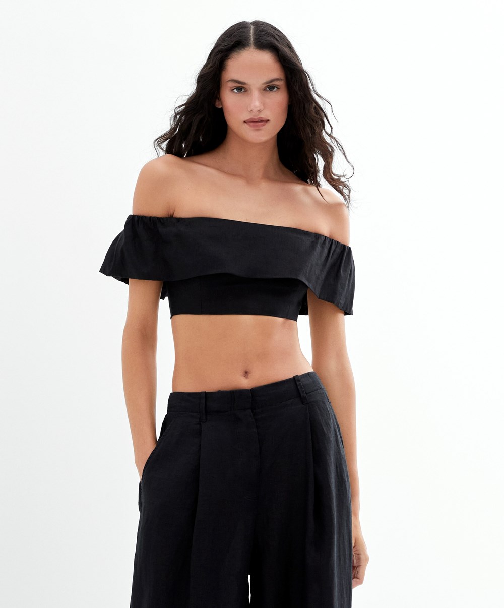 Black Oysho Linen Off-shoulder Top | CWEI91283