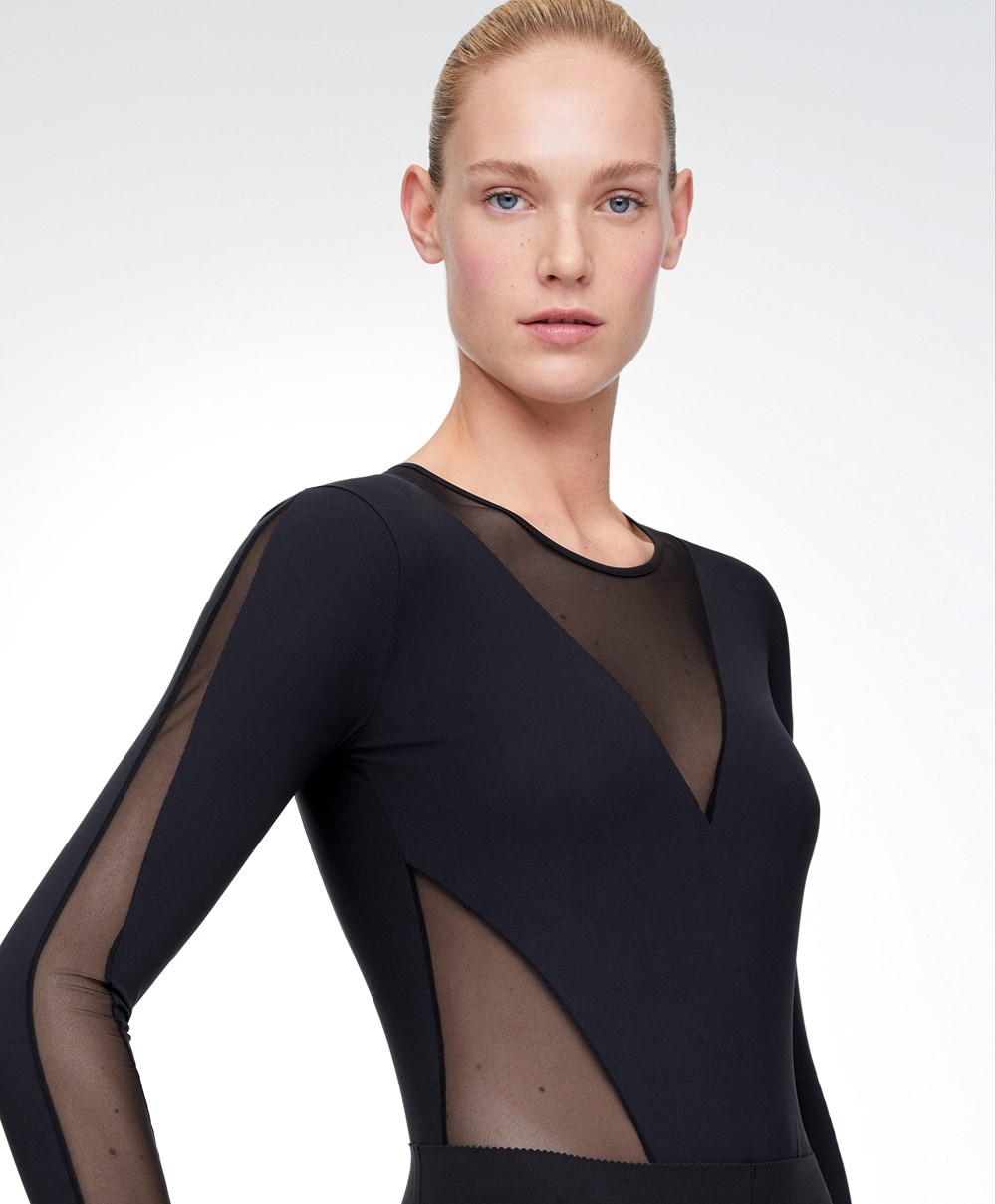 Black Oysho Long-sleeved Sheers Top | GRTW38192