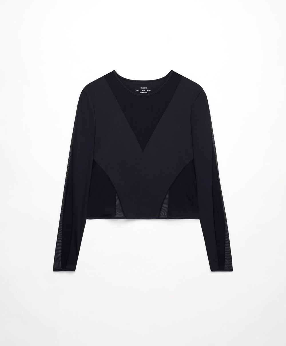 Black Oysho Long-sleeved Sheers Top | GRTW38192