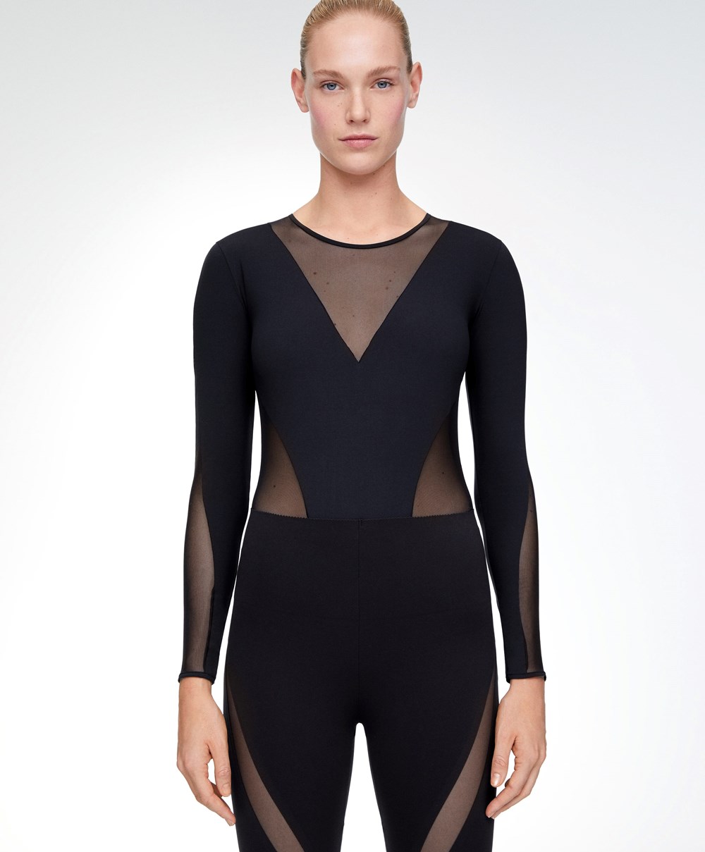 Black Oysho Long-sleeved Sheers Top | GRTW38192