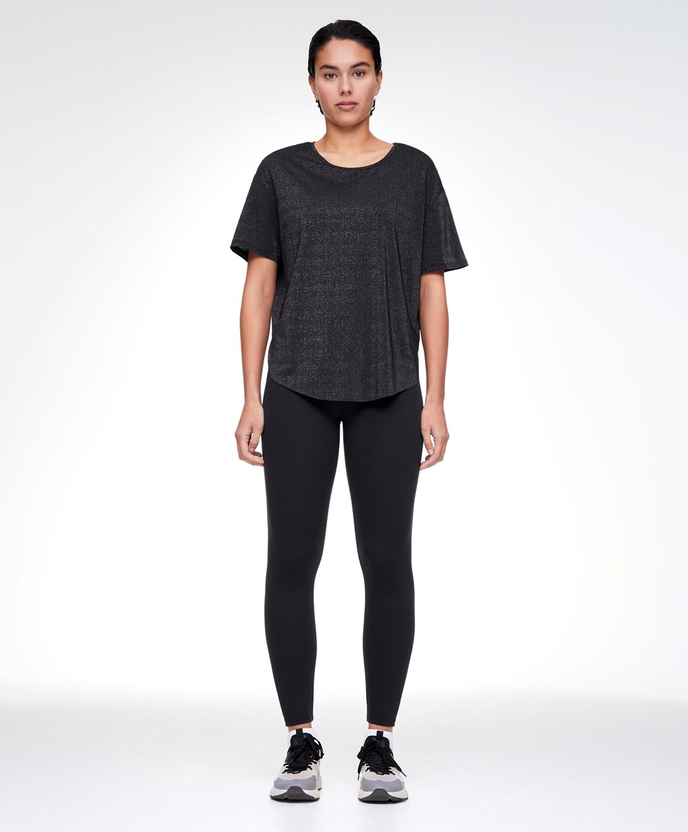 Black Oysho Metallic Thread Short-sleeved T-shirt | HLWK97861