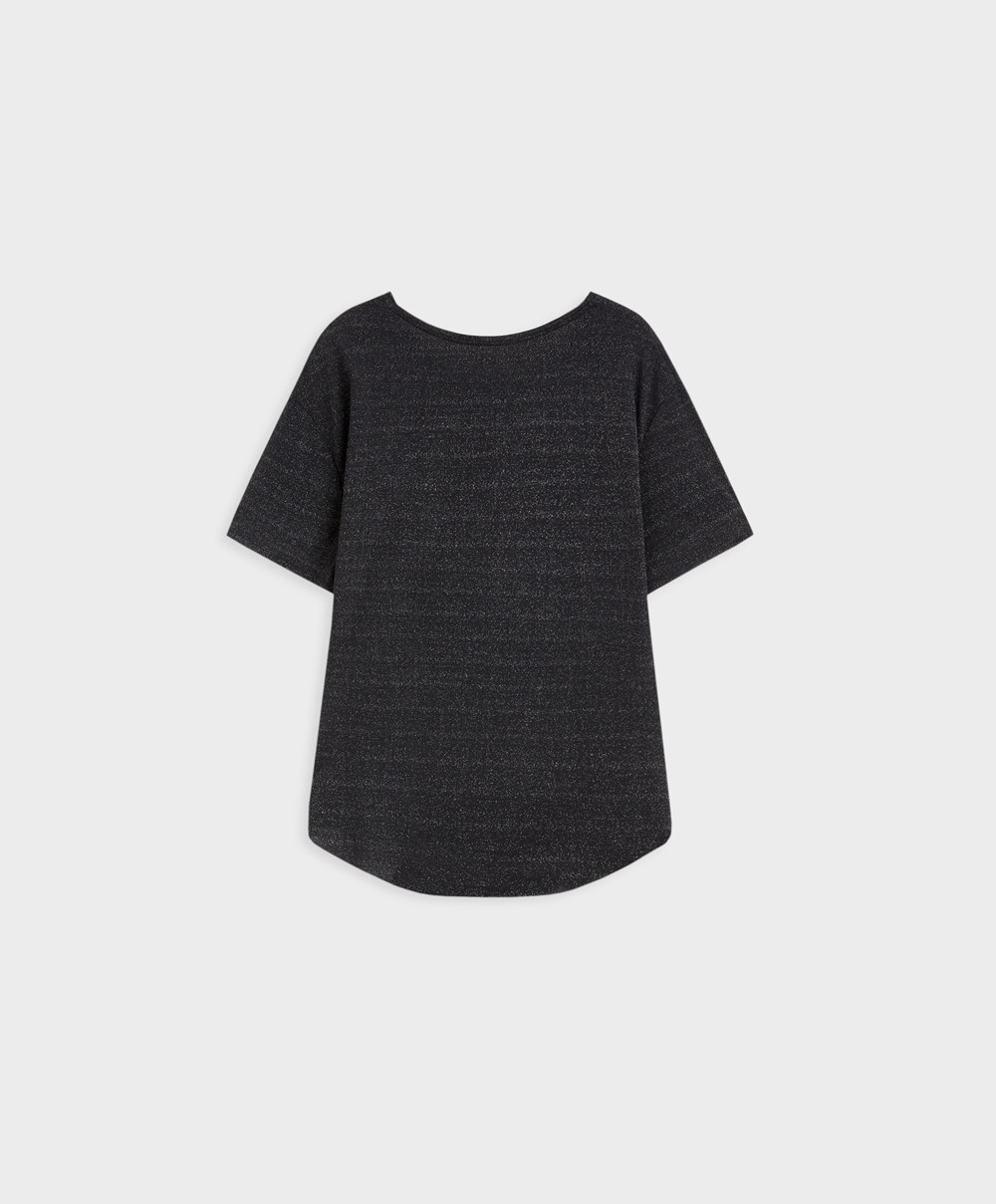 Black Oysho Metallic Thread Short-sleeved T-shirt | HLWK97861