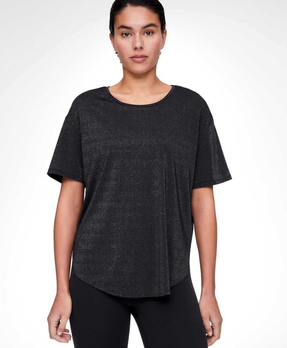 Black Oysho Metallic Thread Short-sleeved T-shirt | HLWK97861