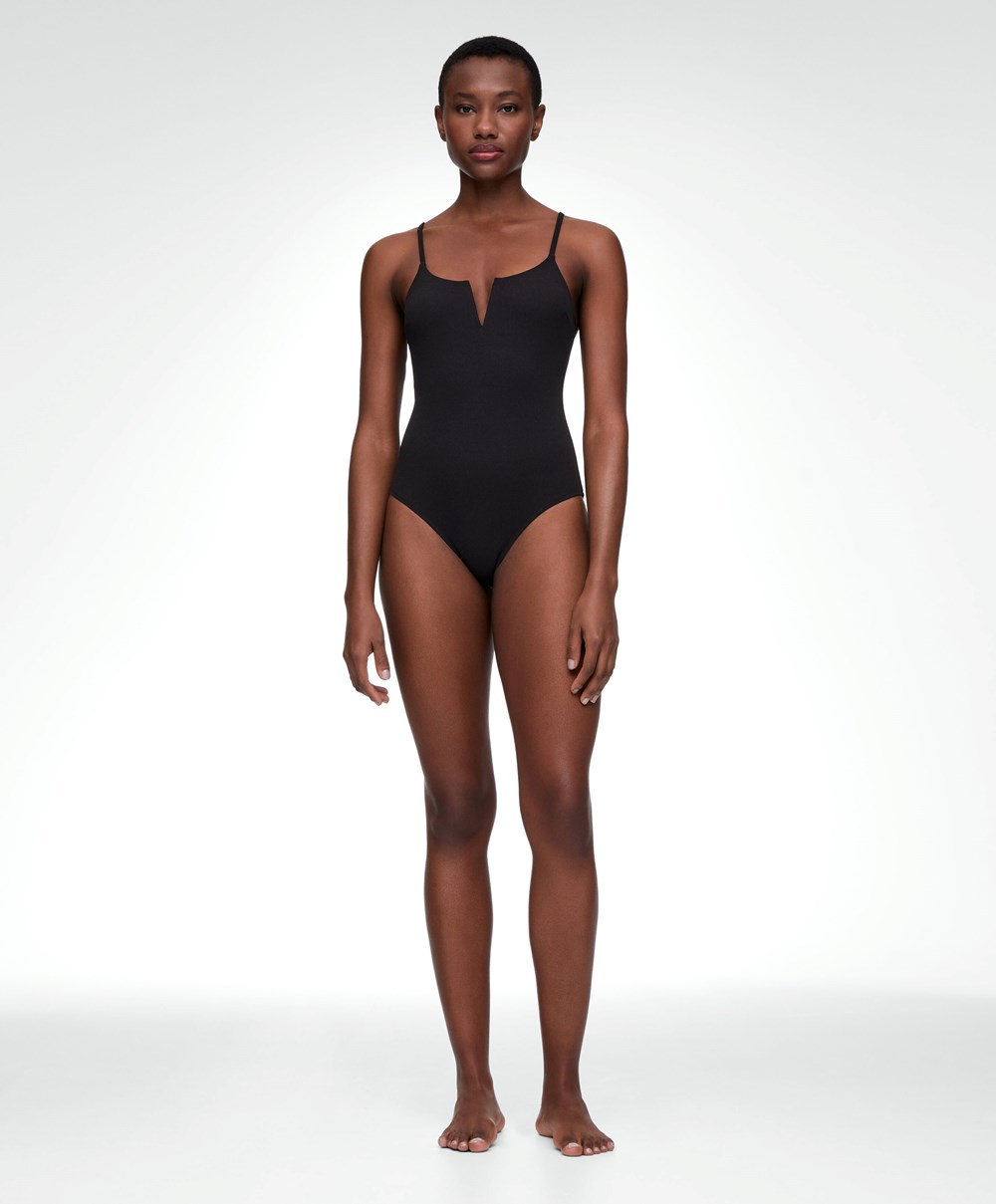 Black Oysho Piqué V-neck Swimsuit | BKAI87560