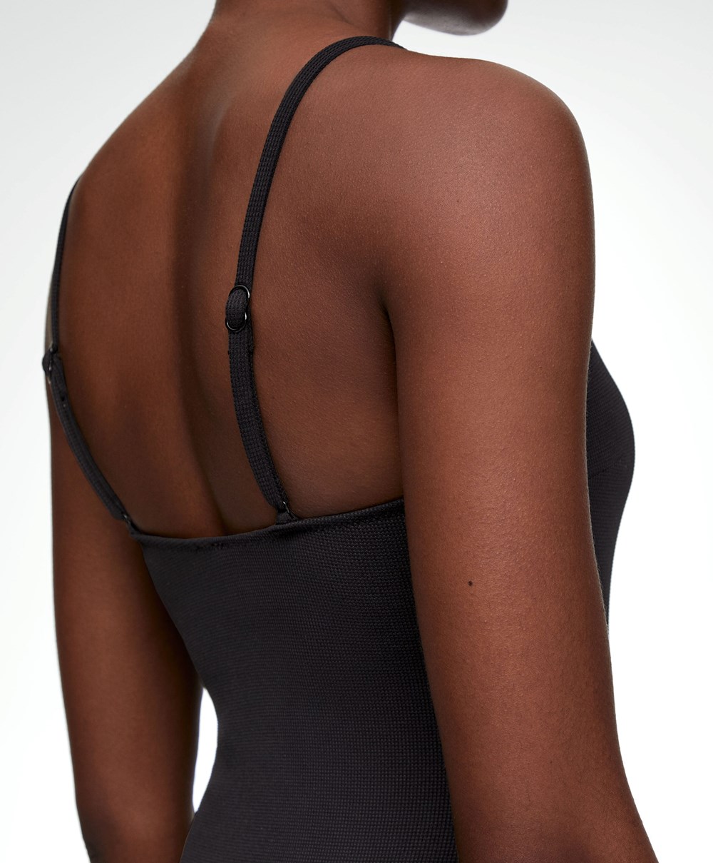 Black Oysho Piqué V-neck Swimsuit | BKAI87560