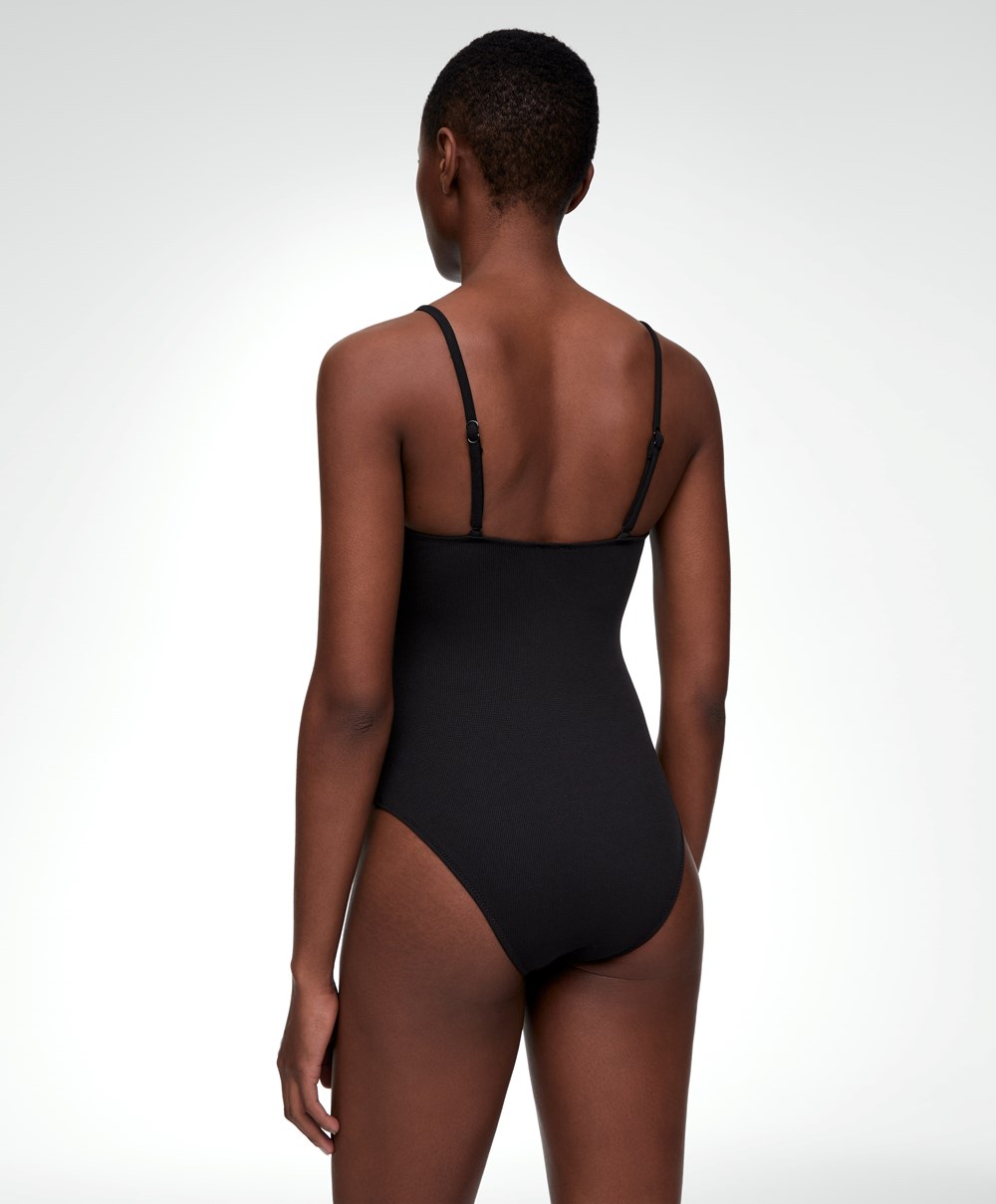 Black Oysho Piqué V-neck Swimsuit | BKAI87560