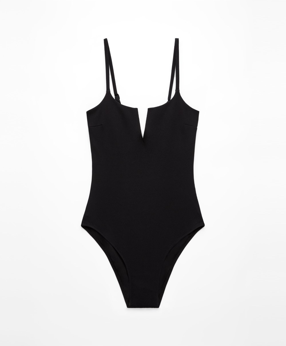 Black Oysho Piqué V-neck Swimsuit | BKAI87560