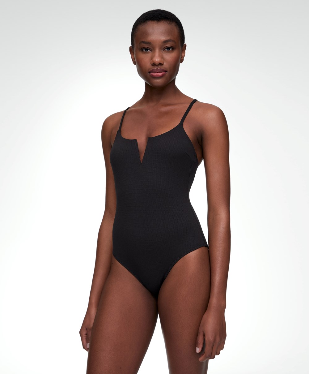 Black Oysho Piqué V-neck Swimsuit | BKAI87560