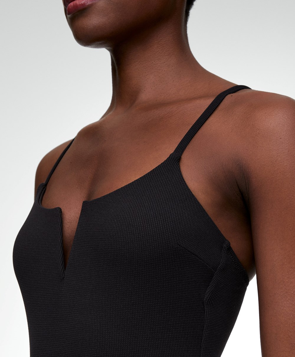 Black Oysho Piqué V-neck Swimsuit | IKQH48905