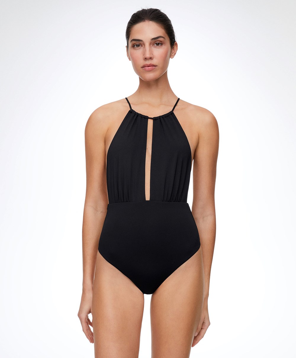 Black Oysho Ruched Halter Swimsuit | DAQV06942