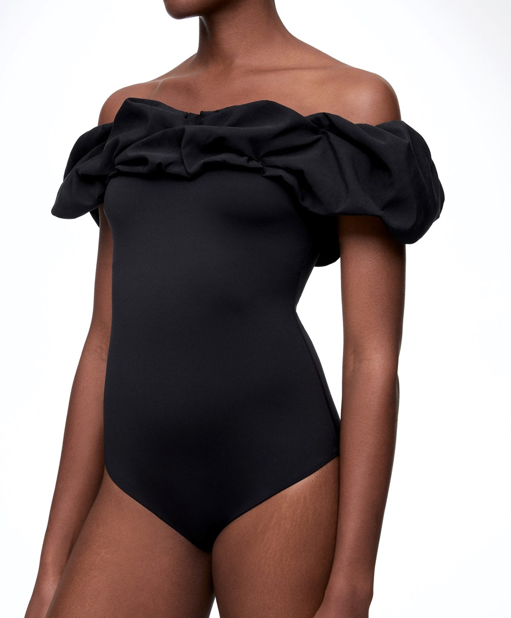 Black Oysho Ruffle Bandeau Swimsuit | YVGF95174