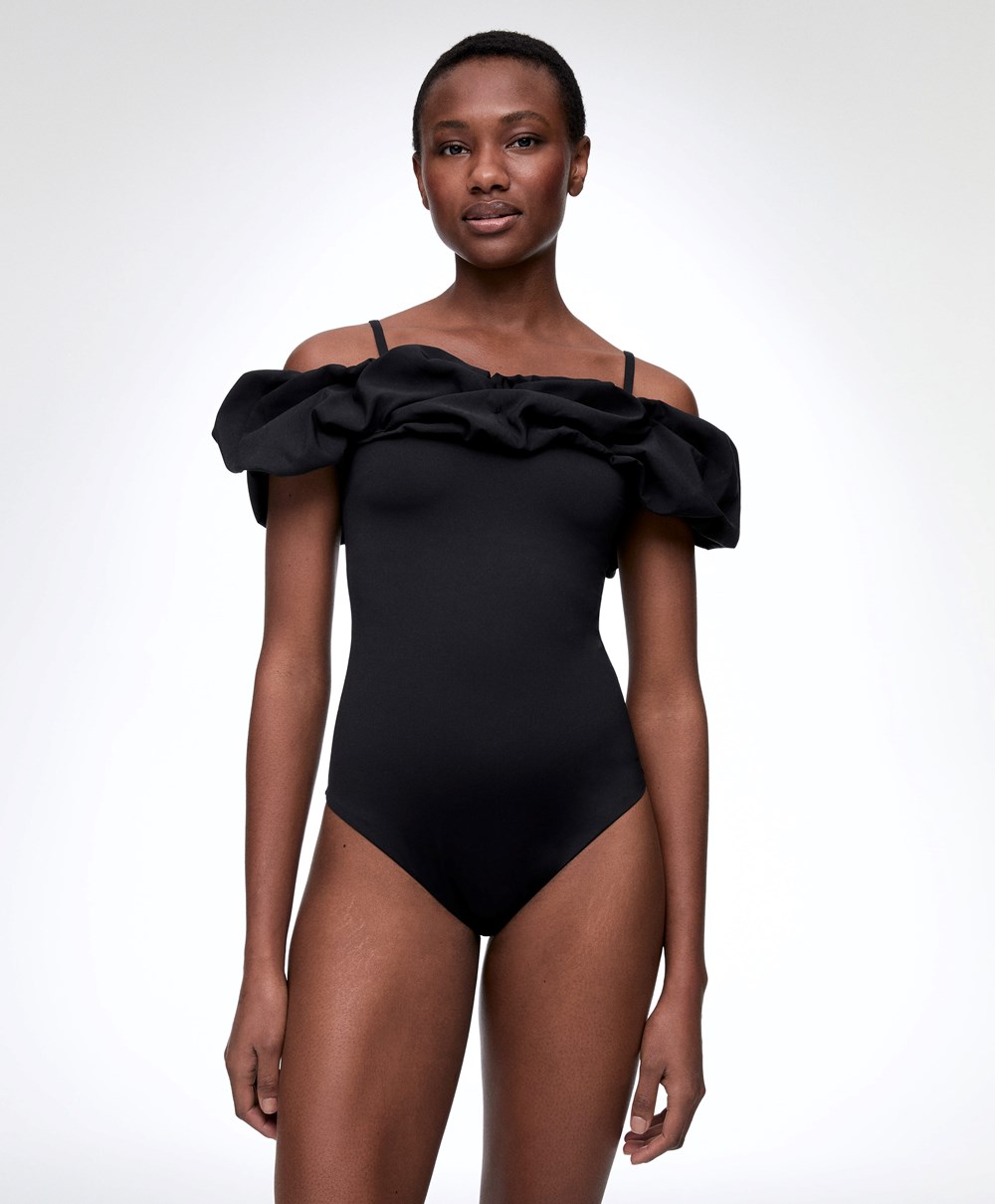 Black Oysho Ruffle Bandeau Swimsuit | YVGF95174