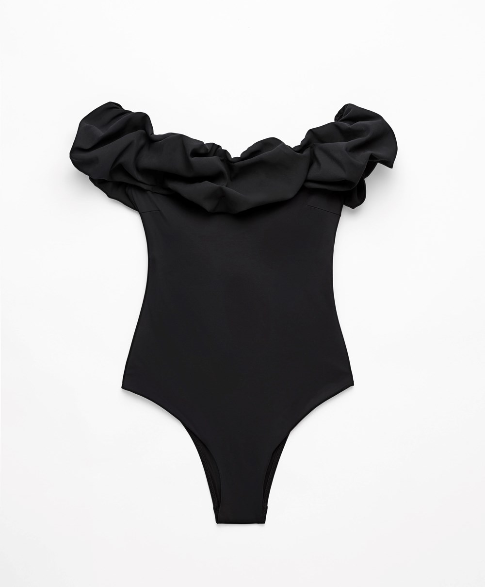 Black Oysho Ruffle Bandeau Swimsuit | YVGF95174