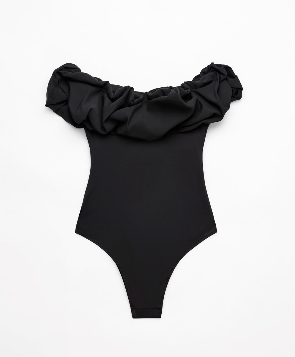 Black Oysho Ruffle Bandeau Swimsuit | YVGF95174