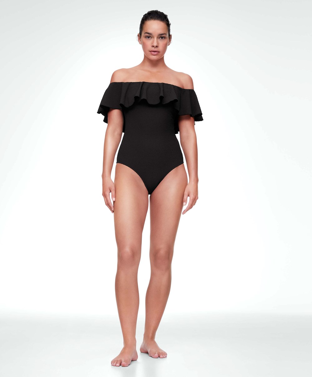 Black Oysho Seersucker Bandeau Swimsuit | RBZM57289