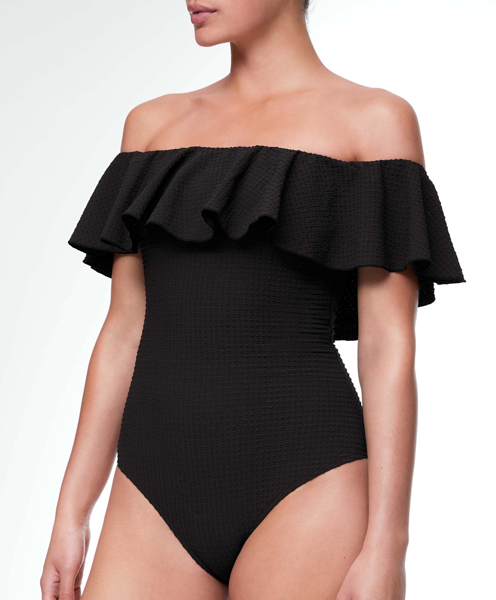 Black Oysho Seersucker Bandeau Swimsuit | RBZM57289