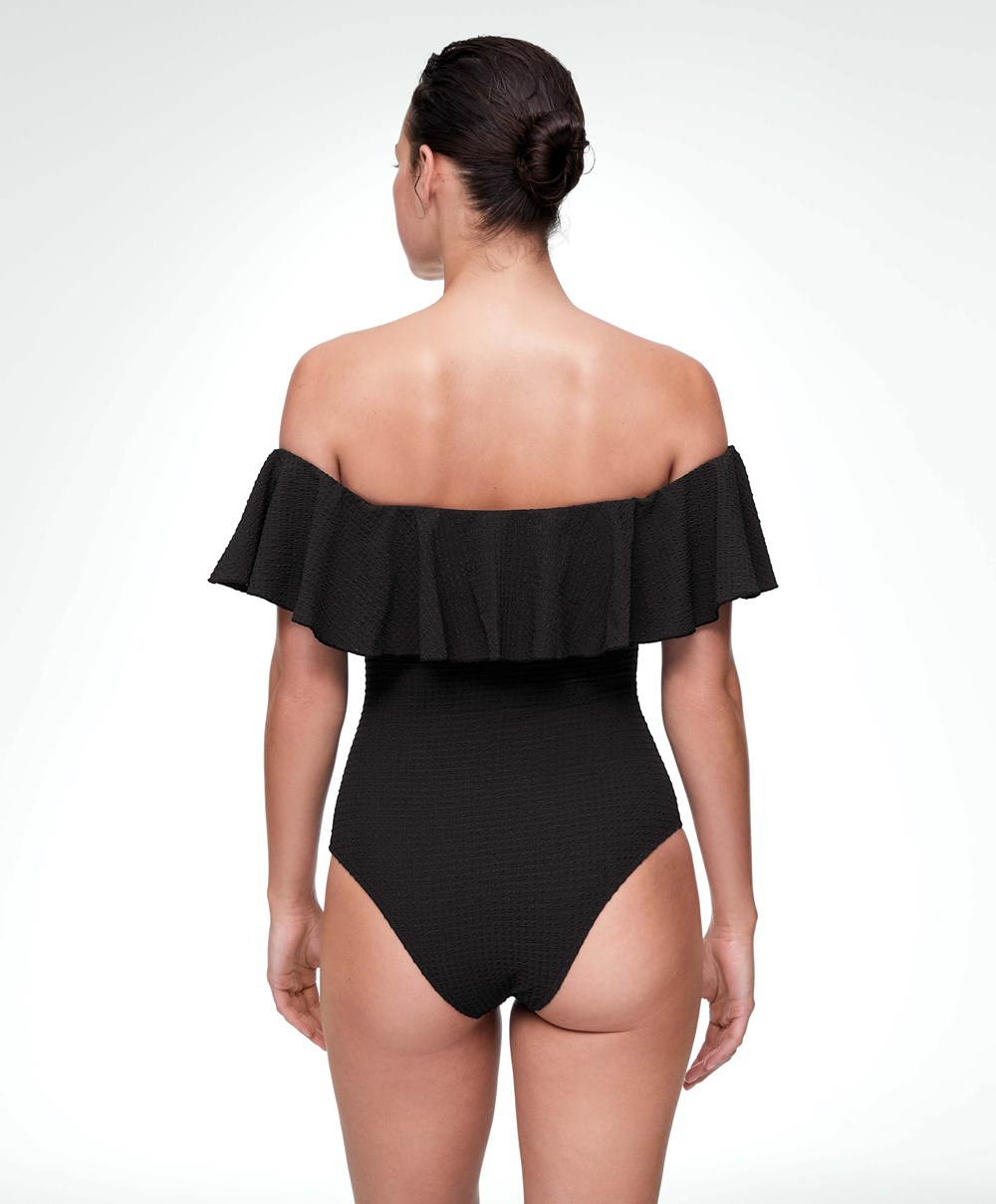 Black Oysho Seersucker Bandeau Swimsuit | RBZM57289