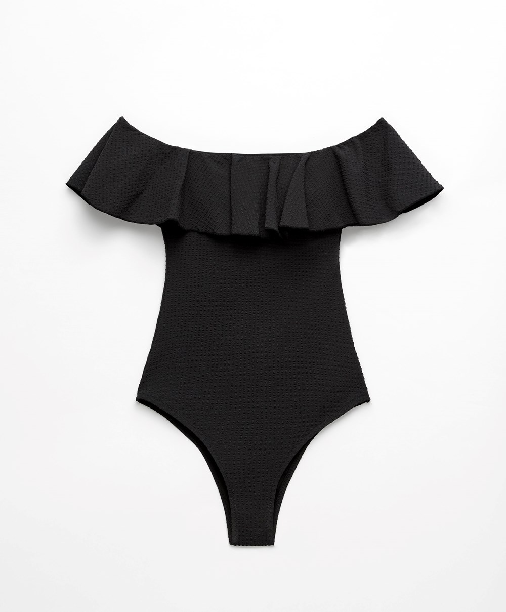 Black Oysho Seersucker Bandeau Swimsuit | RBZM57289