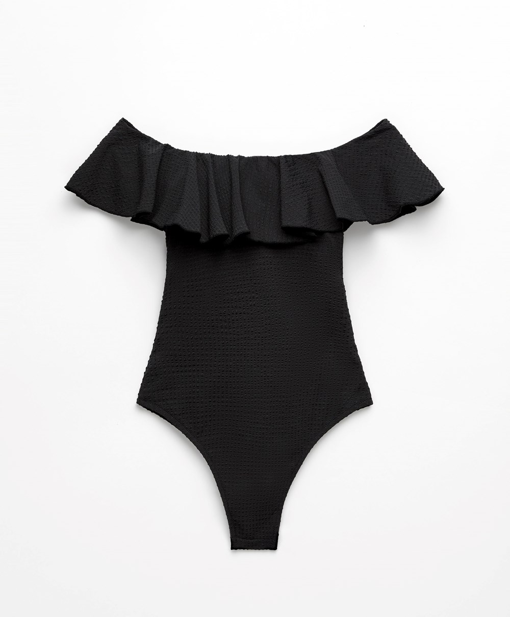 Black Oysho Seersucker Bandeau Swimsuit | RBZM57289