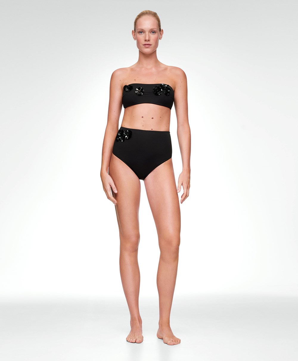 Black Oysho Sequinned Flowers Bandeau Bikini Top | MGWI69508