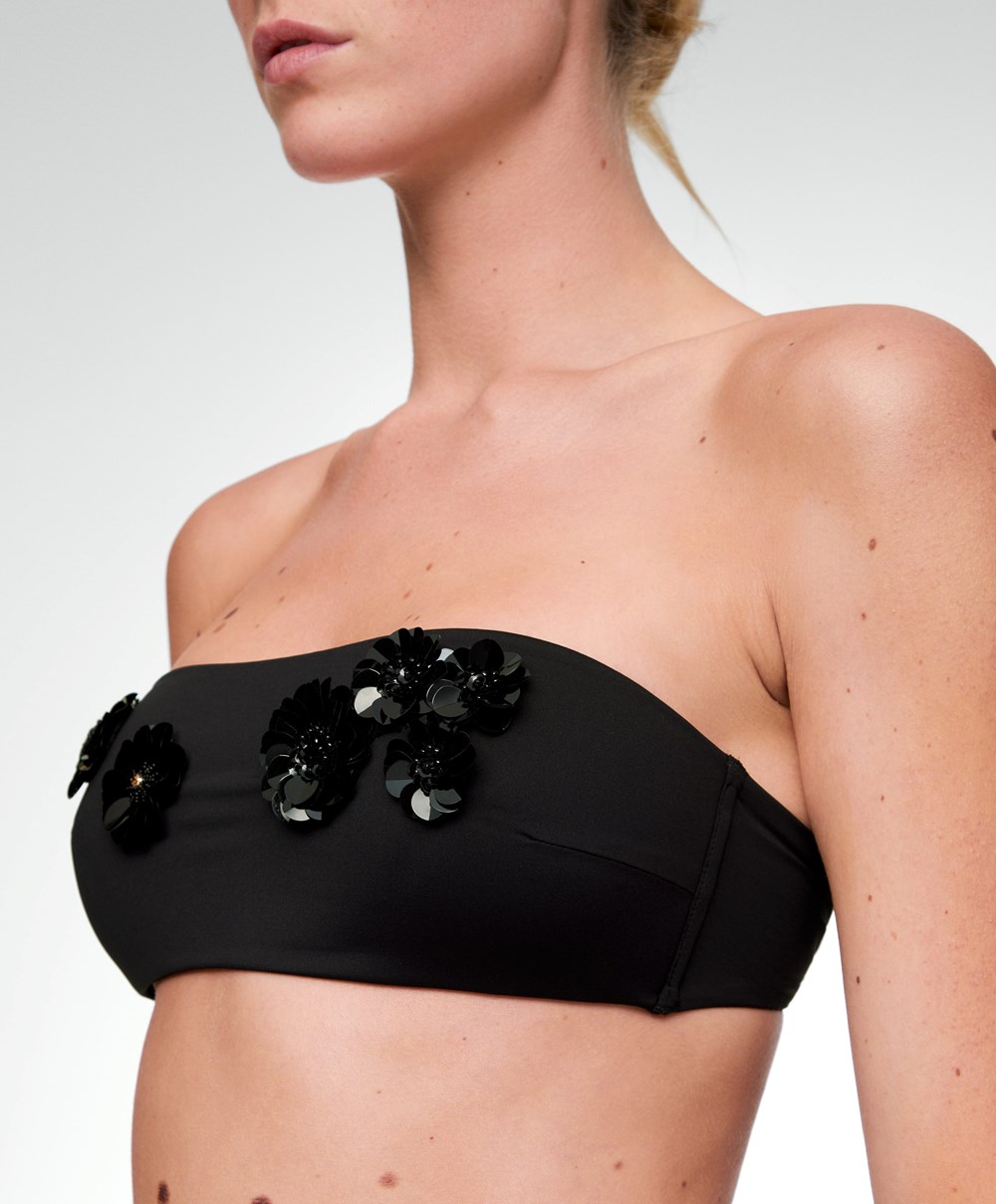 Black Oysho Sequinned Flowers Bandeau Bikini Top | MGWI69508