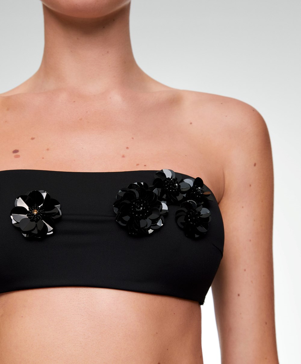 Black Oysho Sequinned Flowers Bandeau Bikini Top | MGWI69508