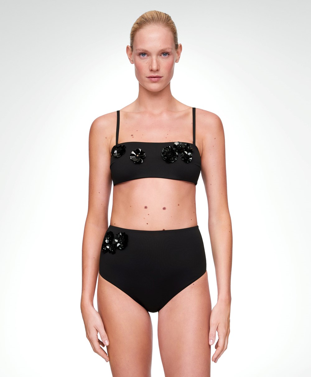 Black Oysho Sequinned Flowers Bandeau Bikini Top | MGWI69508