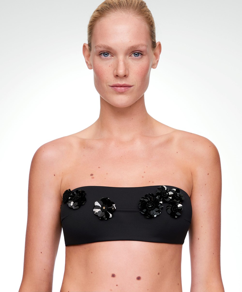 Black Oysho Sequinned Flowers Bandeau Bikini Top | MGWI69508