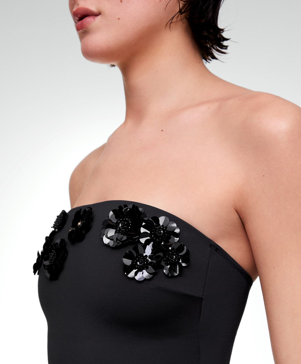 Black Oysho Sequinned Flowers Bandeau Swimsuit | HPET34197