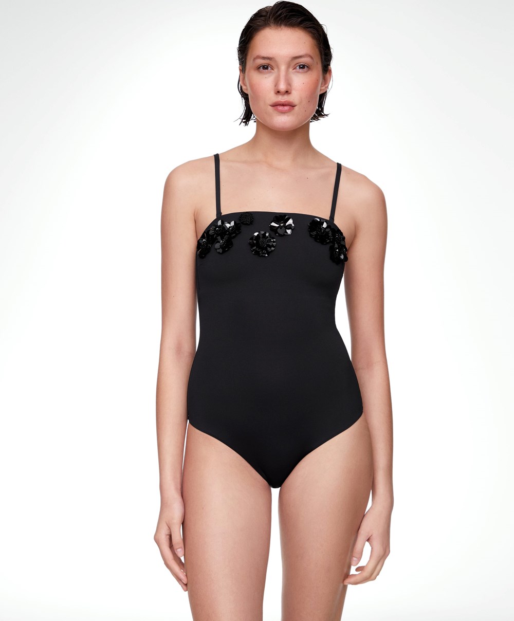 Black Oysho Sequinned Flowers Bandeau Swimsuit | HPET34197